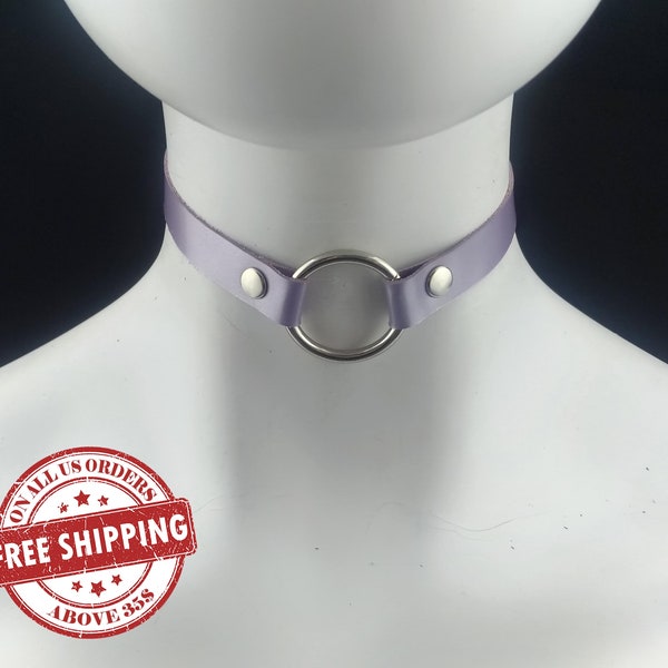 Choker Genuine Leather - Shiny Purple Leather Choker with Silver O Ring