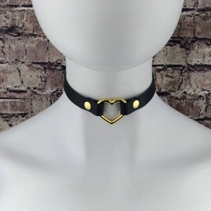 Heart choker genuine leather - choker collar black leather heart choker with gold heart ring