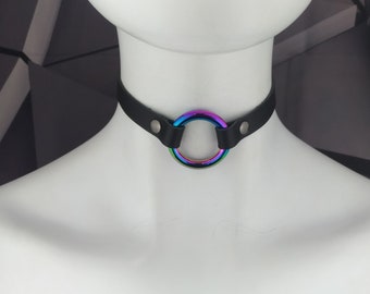 Rainbow Mermaid Choker Genuine Leather - Choker Collar 1/2 inch Black Leather Rainbow O ring