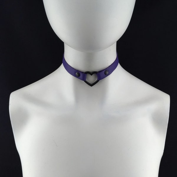 Choker Genuine Leather - Choker Collar Purple Leather Heart Choker with Black Heart Ring