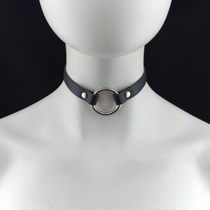May include: A black leather choker with a silver ring and two silver studs.
