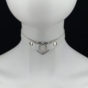 Choker Genuine Leather - Choker Collar White Leather Heart Choker with Silver Heart Ring