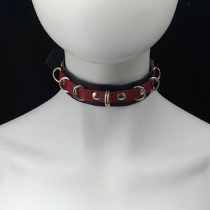 Choker Genuine Leather Choker Collar Simple Black & Red Leather Choker with mini D Rings image 1