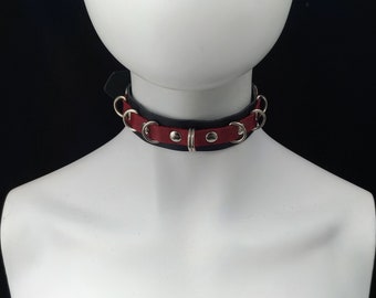 Choker Genuine Leather - Choker Collar Simple Black & Red Leather Choker with mini D Rings