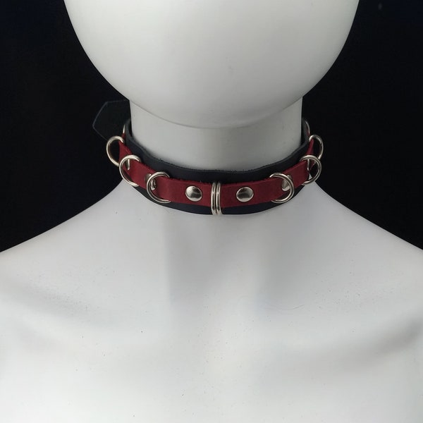 Choker Genuine Leather - Choker Collar Simple Black & Red Leather Choker with mini D Rings