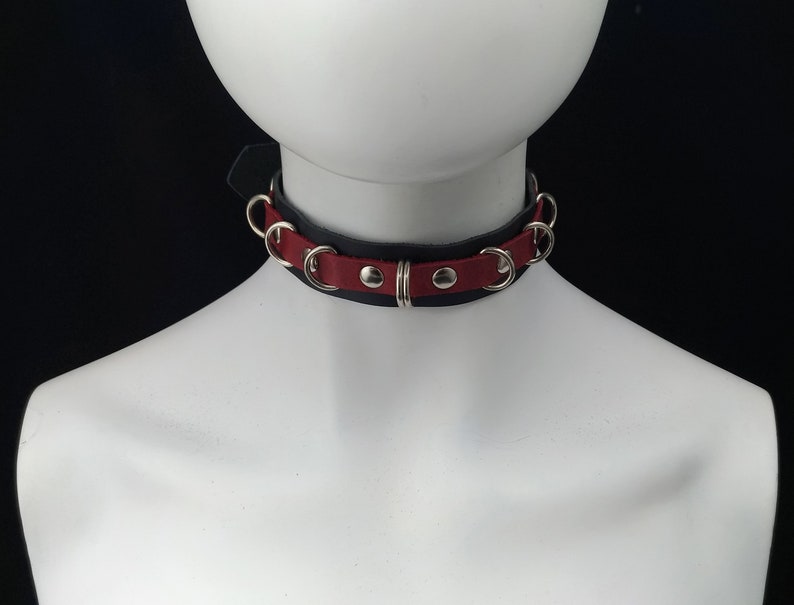 Choker Genuine Leather Choker Collar Simple Black & Red Leather Choker with mini D Rings image 1