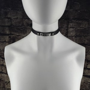 Choker Genuine Leather Choker Collar Black Leather Choker with metal letters Custom word image 2