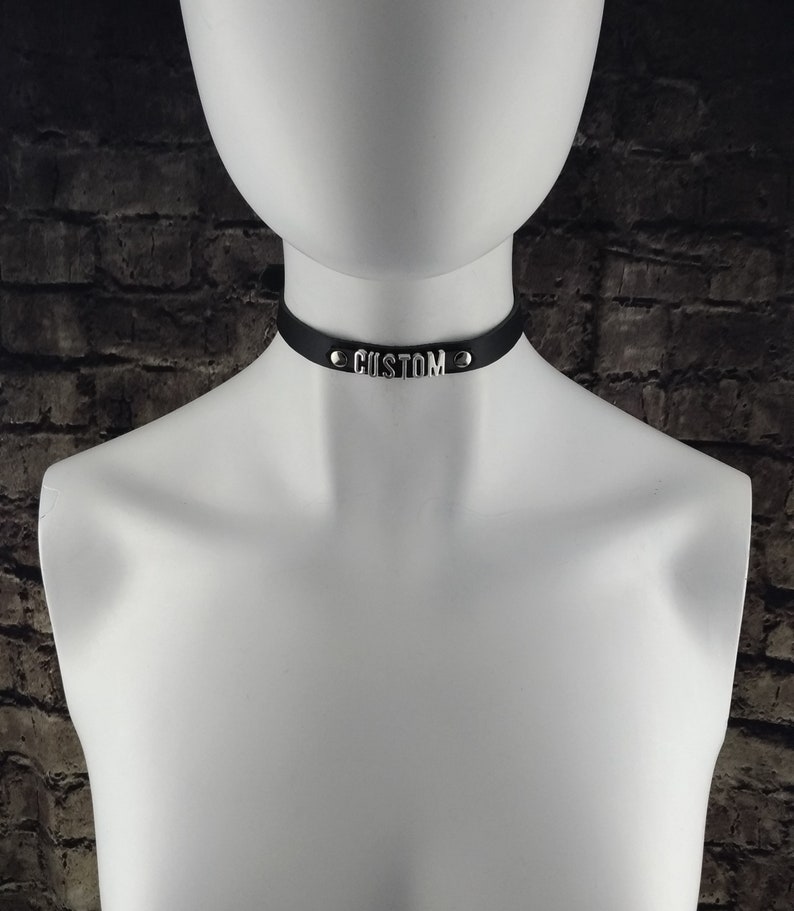 Choker Genuine Leather Choker Collar Black Leather Choker with metal letters Custom word image 2