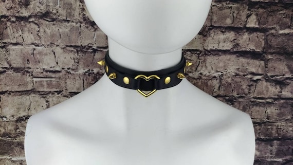Super Fancy Heart Choker Genuine Leather Double Layer Heart Choker Collar Black Leather Heart Choker Gold Heart Ring Spikes and Rivets Etsy Canada