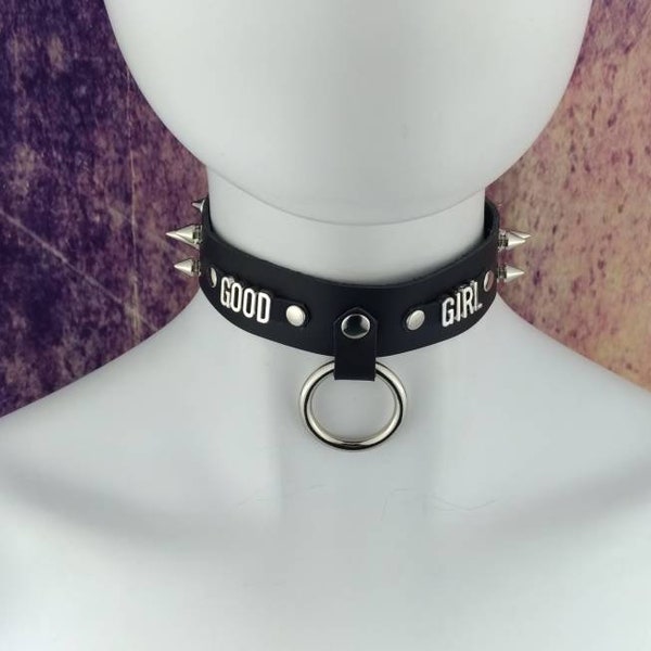 Choker Genuine Leather - Choker Collar Black Leather Choker with metal letters GOOD GIRL IIV with O ring
