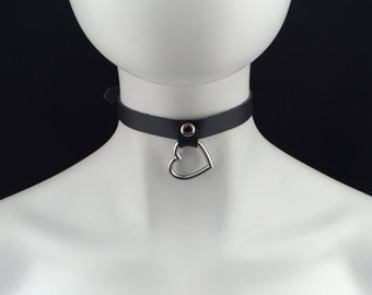 Heart choker genuine leather - choker collar black leather heart choker with silver hanging heart ring