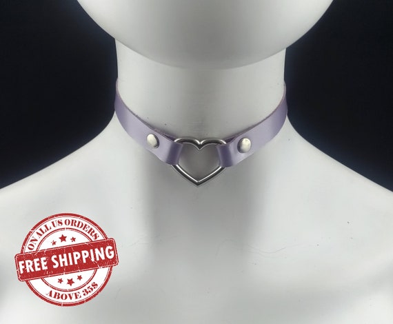 Choker Genuine Leather Shiny Purple Leather Choker With Silver