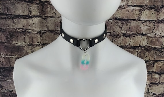 Heart Ring Choker Genuine Leather Choker Collar Black Leather
