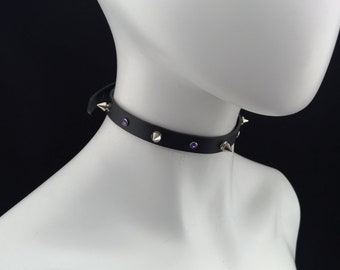 Thin choker genuine leather - Small fashion choker collar black leather with small silver cone tree spikes and purple rhinestone