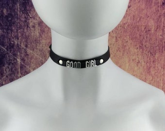 Choker Genuine Leather - Choker Collar Black Leather Choker with metal letters GOOD GIRL