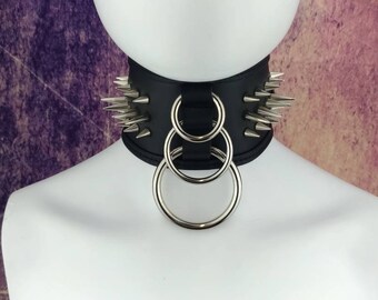 Choker genuine leather - 3" choker collar black leather with triple O rings and spikes
