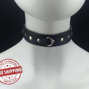 Choker Genuine Leather - Choker Collar Dual Color Leather Choker with Mini D ring and rivets