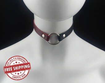 Choker cuir véritable - Noir &Rouge Cuir Choker avec anneau de torique argent