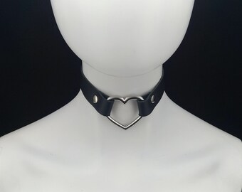 Choker Genuine Leather - Choker Collar Black Leather Heart Choker with Big Silver Heart Ring