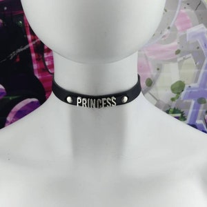 Choker Genuine Leather - Choker Collar Black Leather Choker with metal letters PRINCESS