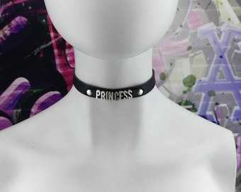Choker Genuine Leather - Choker Collar Black Leather Choker with metal letters PRINCESS
