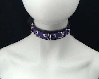 Choker Genuine Leather - Choker Collar Simple Black & Purple Leather Choker with D Rings