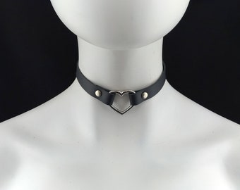 Heart choker genuine leather - choker collar black leather heart choker with silver heart ring