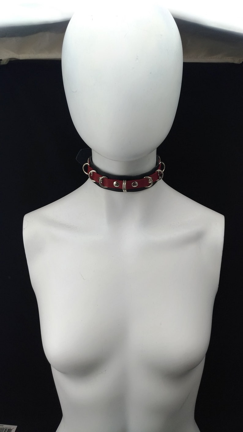 Choker Genuine Leather Choker Collar Simple Black & Red Leather Choker with mini D Rings image 2