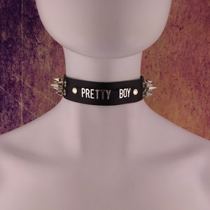 Pretty Boy choker genuine leather - Choker collar black leather choker with metal letters PRETTY BOY IV