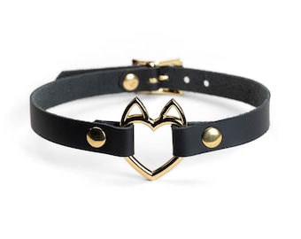 Gold cat ears heart ring choker necklace collar black genuine leather - Various leather colors available