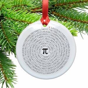 May include: A white ceramic Christmas ornament with a red ribbon. The ornament features a spiral design of the digits of pi, with the symbol for pi in the center.