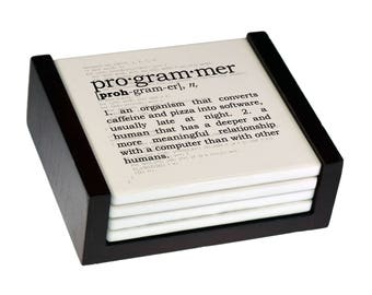 Programmer Definition Coaster Set - Ceramic Tile with Cork Back - 4 Piece Set -  Wood Box Caddy Included