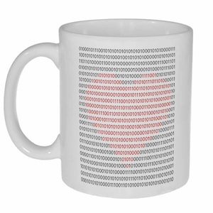May include: White ceramic mug with a black and red binary code pattern printed on the side. The code is repeated multiple times and covers the entire mug.