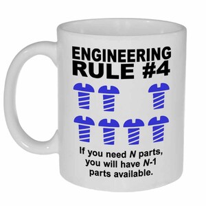 May include: White ceramic mug with a black and white graphic that reads "ENGINEERING RULE #4". The graphic includes a row of blue screws with the text "If you need N parts, you will have N-1 parts available."