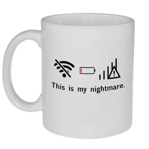 May include: White ceramic mug with a black and red design. The design includes a crossed-out Wi-Fi symbol, a battery icon with a red bar, a signal strength icon with a red exclamation point, and the text "This is my nightmare."