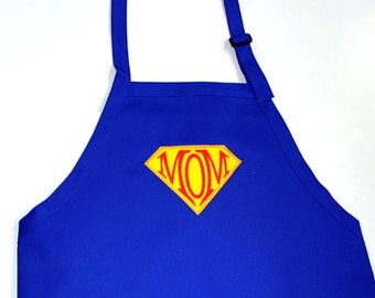 May include: Blue kitchen apron with a yellow and red Superman logo that says "MOM" on it.