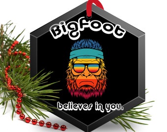 Big Foot Believes in You Funny Glass Christmas Ornament