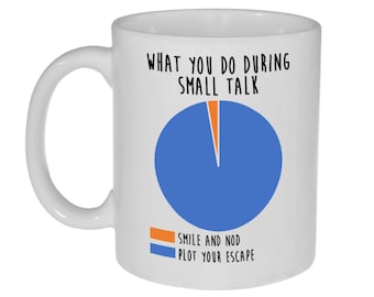 May include: White ceramic mug with a blue and orange pie chart and the text "What you do during small talk". The chart is labeled "Smile and nod" and "Plot your escape".