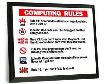 May include: A framed poster with a red title "COMPUTING RULES" and six rules listed with icons. The rules are humorous and relate to software development and computer programming.
