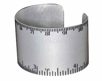 Aluminum Ruler Geekery Bracelet - inches and mm - Silver Unique Wide Aluminum Geek Cuff Jewelry
