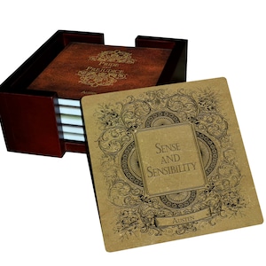 Jane Austen Books Coaster Set - Ceramic Tile with Cork Back - 7 Piece Set - 6 Tiles + Holder