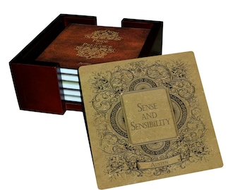 Posavasos con motivos de Jane Austen - Azulejo de cerámica con reverso de corcho - Juego de 7 piezas - 6 azulejos + soporte