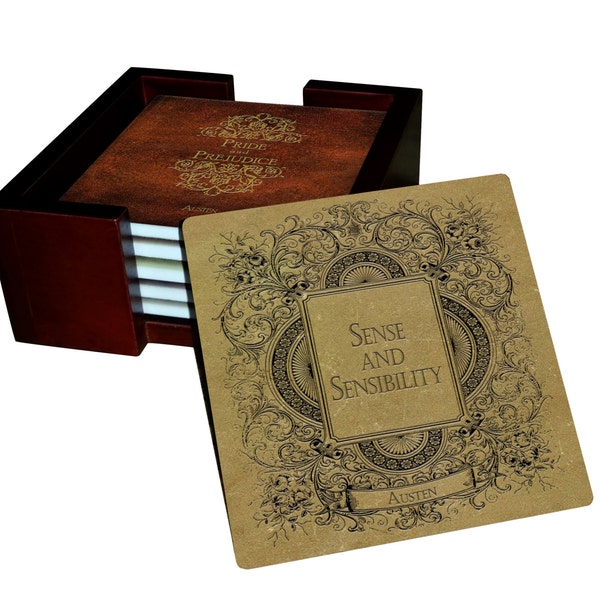 Jane Austen Books Coaster Set - Ceramic Tile with Cork Back - 7 Piece Set - 6 Tiles + Holder
