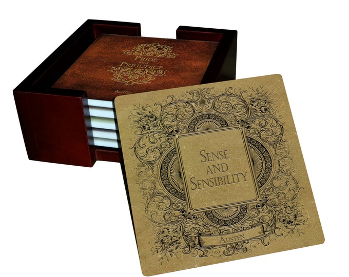 Jane Austen Books Coaster Set - Ceramic Tile with Cork Back - 7 Piece Set - 6 Tiles + Holder