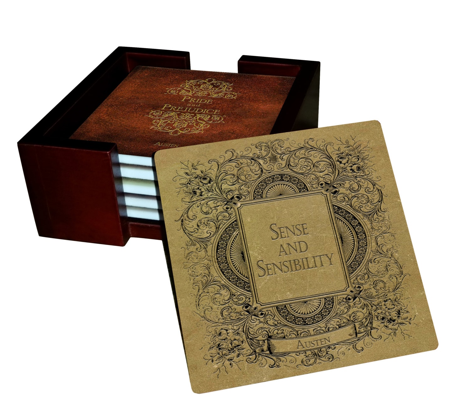 Jane Austen Books Coaster Set - Sandstone Tile with Cork Back - 7 Pie…