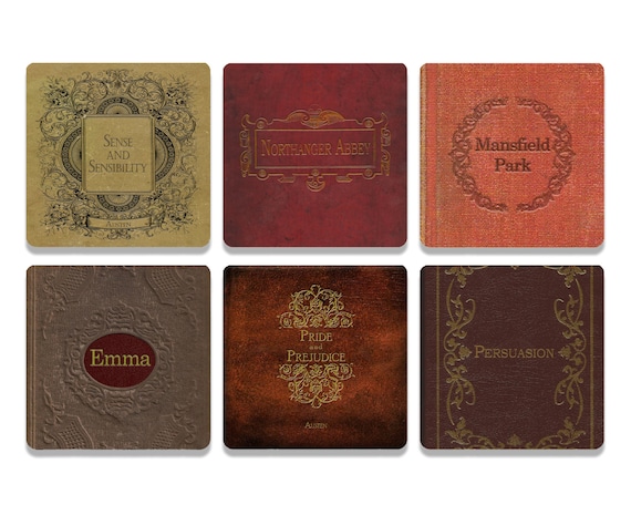 Jane Austen Book Cover Coaster Set – 6 Wooden Coasters With Classic Novel Designs