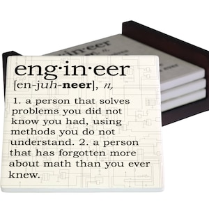 Engineer Definition Coaster Set - Ceramic Tile with Cork Back - 4 Piece Set -  Wood Box Caddy Included