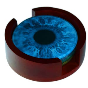 Eye Iris Images Glass Coaster Set - Caddy Included - 4 Piece Set -  Wood Box Caddy Included