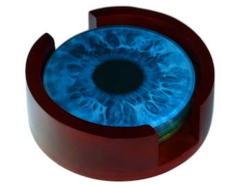 Eye Iris Images Glass Coaster Set - Caddy Included - 4 Piece Set -  Wood Box Caddy Included