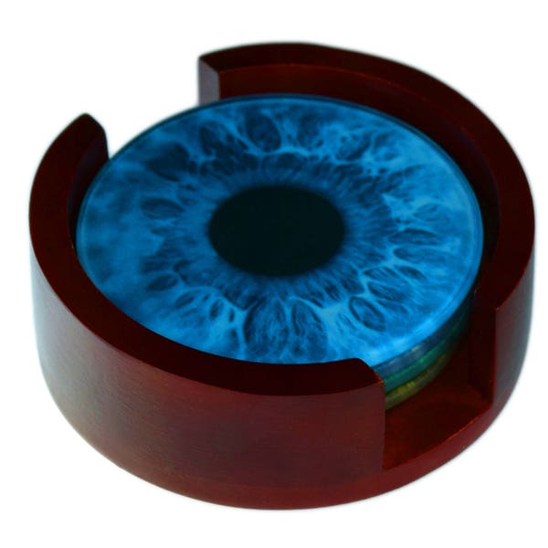 Eye Iris Images Glass Coaster Set - Caddy Included - 4 Piece Set -  Wood Box Caddy Included